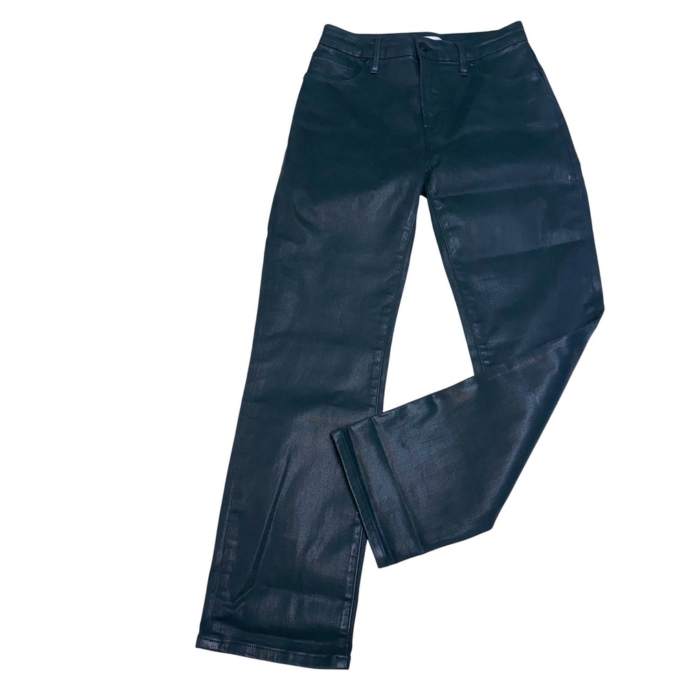 Good American Good Straight Coated Jeans Black‎ Metallic Womens 6/28 Biker Chic